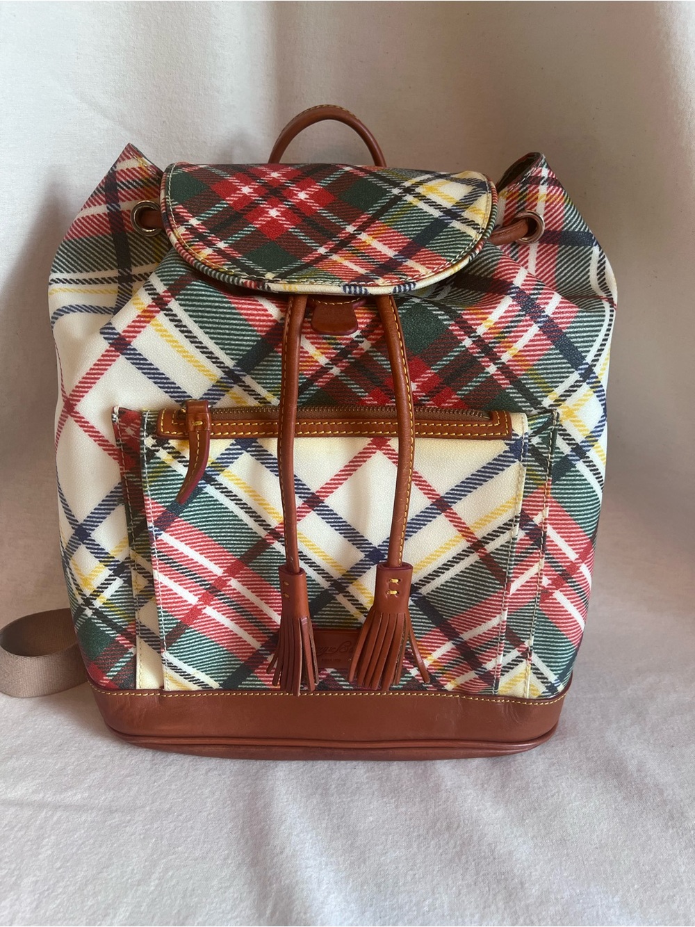 Dooney & Bourke Red Green Navy Plaid Canvas Backpack with Tan Leather Trim
